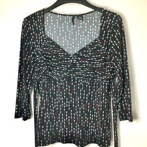 New Directions 3/4 sleeve tie back blouse , black with white and red dots , XL